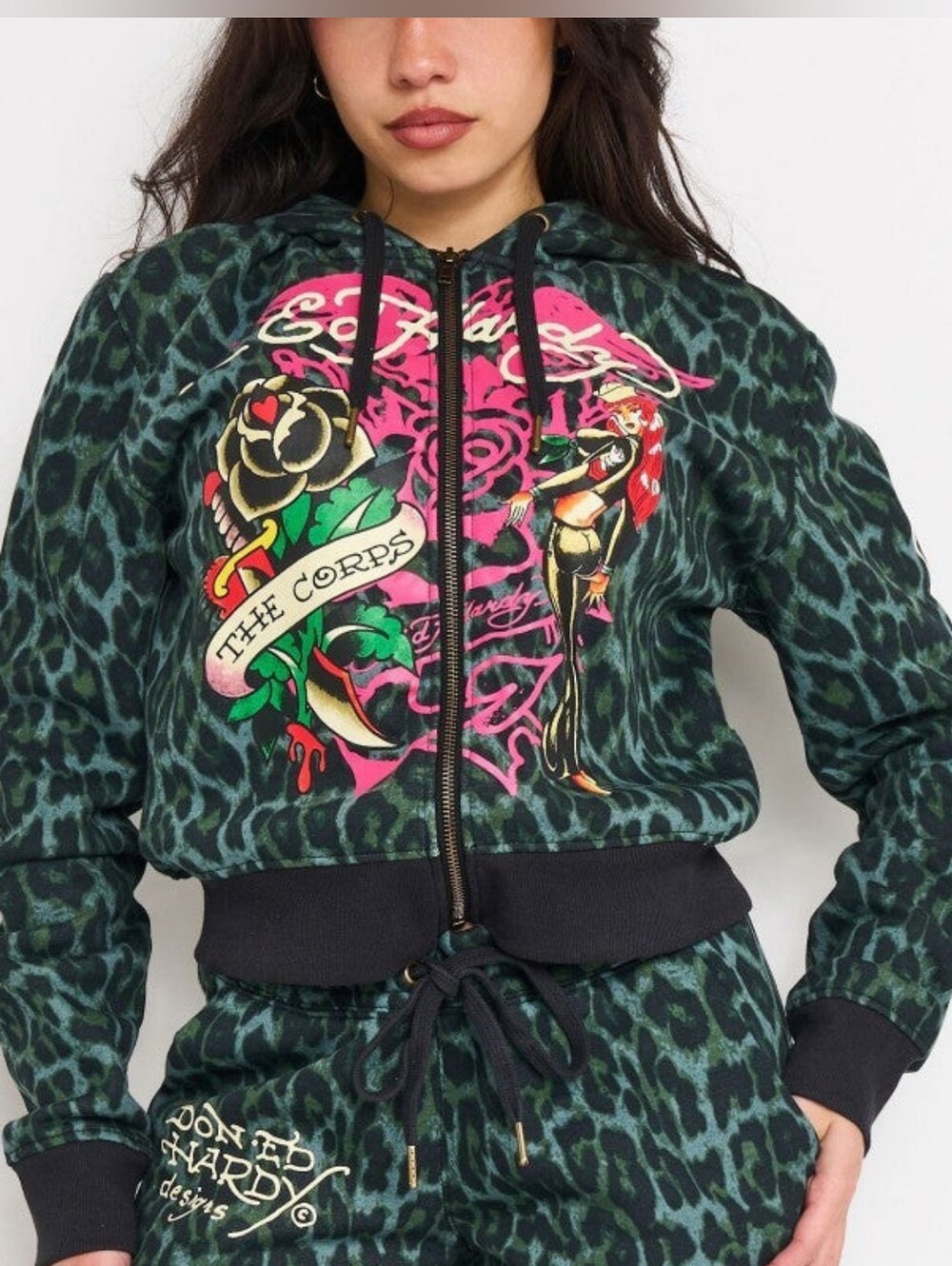 NWT Ed Hardy Anchor Rose Green Leopard Crop Zip Hoodie - Medium ♡
